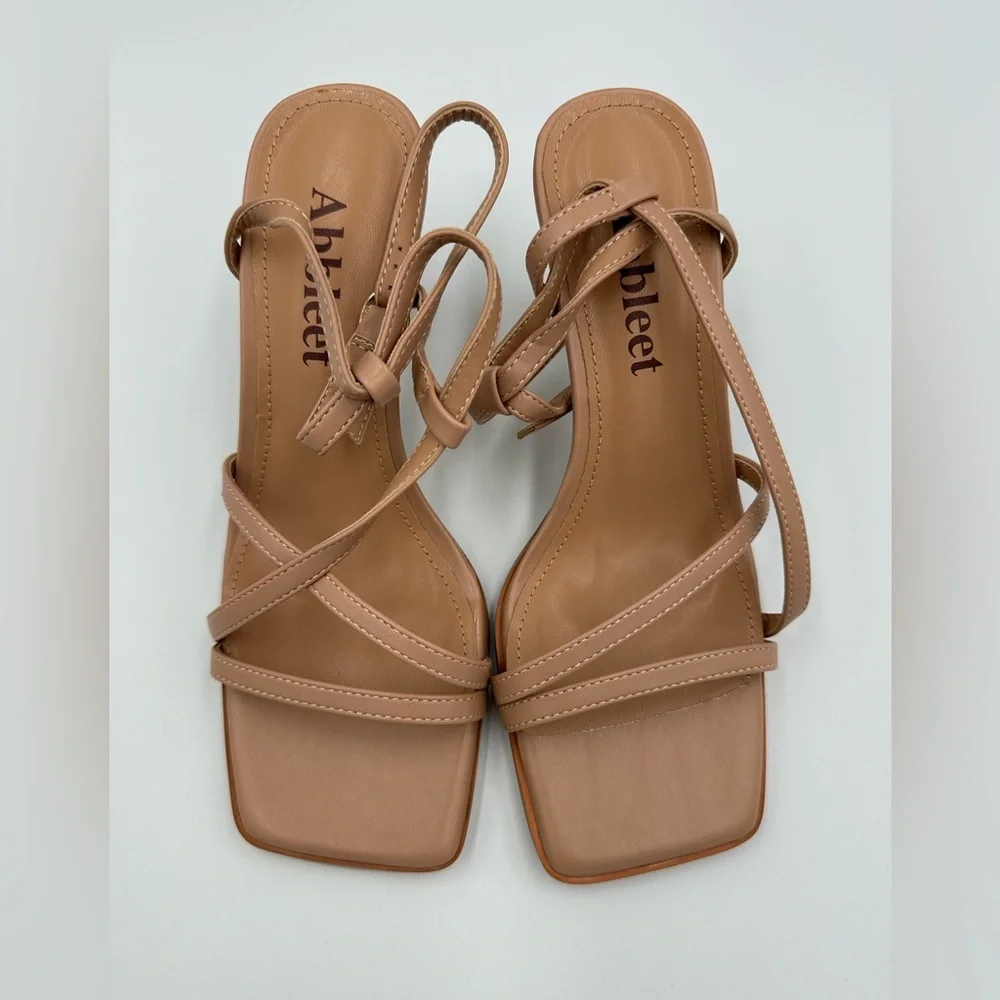Abbleet Nude Strappy Square Toe Heels – Size 6, Block Heel Sandals, uln